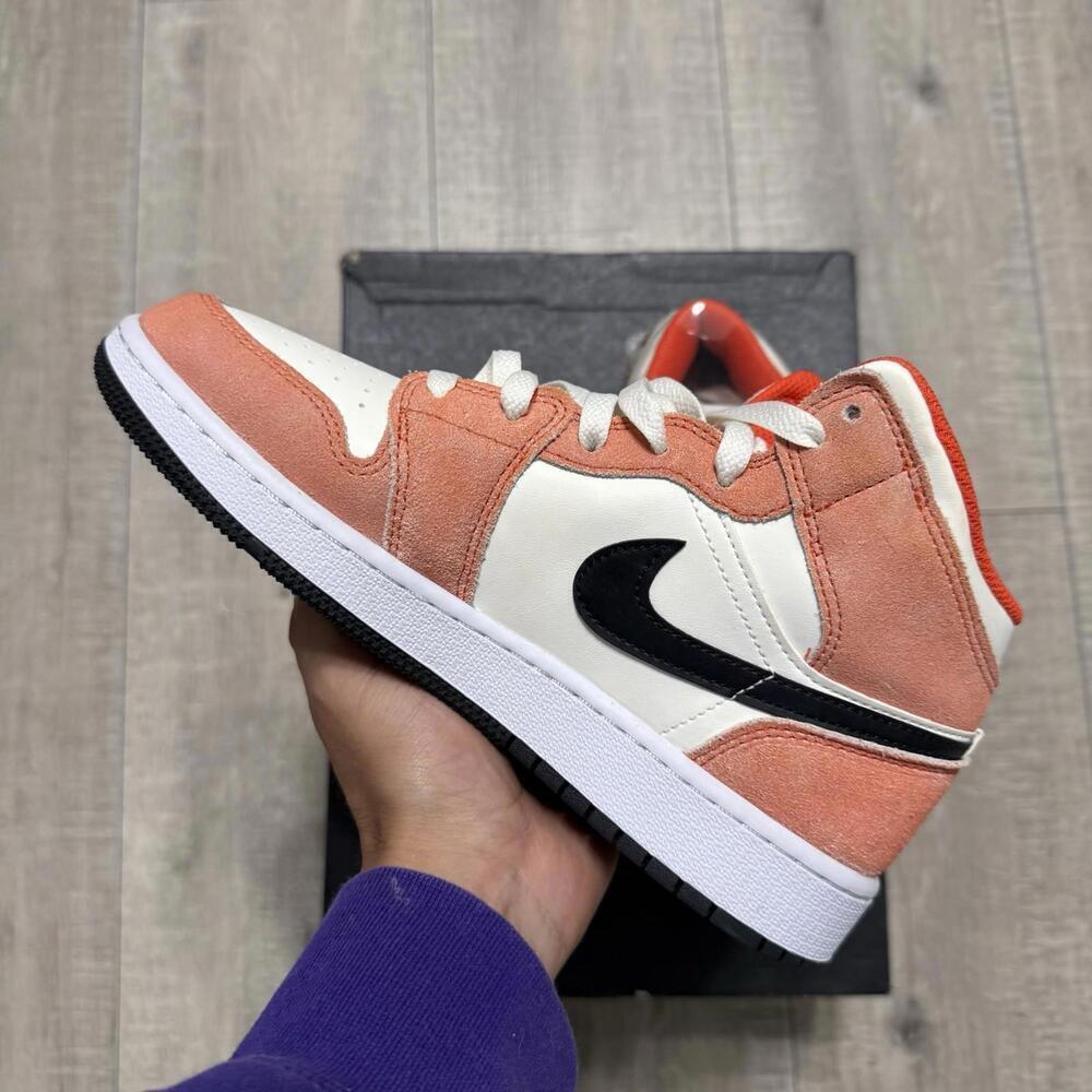 Nike Air Jordan 1 Mid SE GS White Sail Orange Suede DV1336-800 Women 7 - Picture 2 of 8
